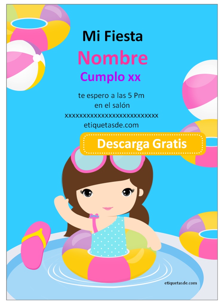 etiquetas de cumpleaños piscina niña para imprimir