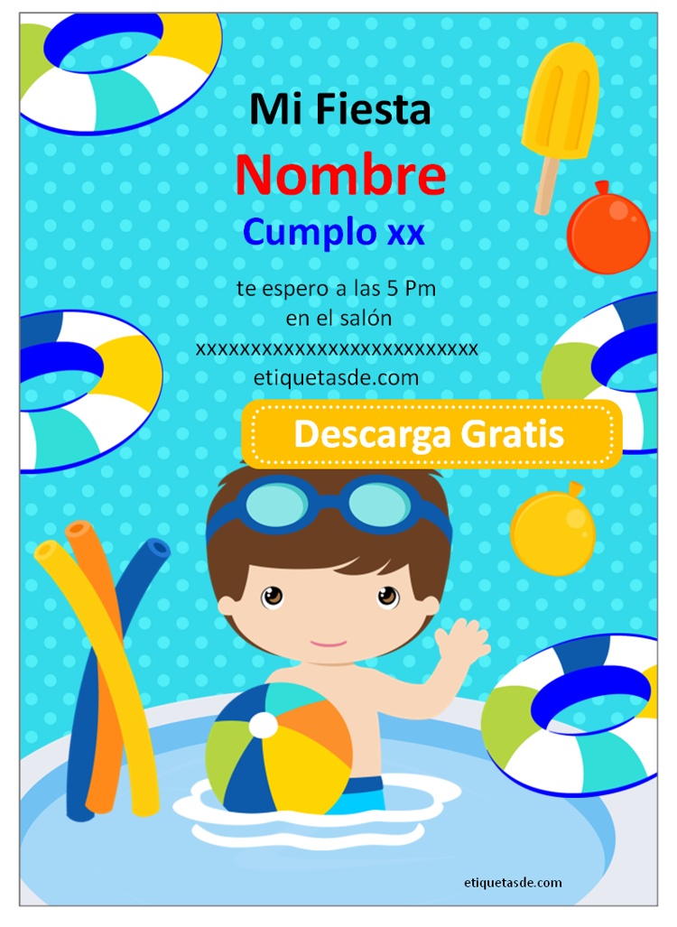 etiquetas de cumpleaños piscina niño para imprimir